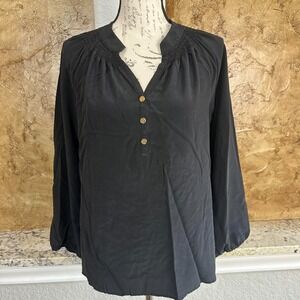 Lilly Pulitzer Elsa Notch Neck Long Sleeve Silk Smocked Top Womens Medium Black